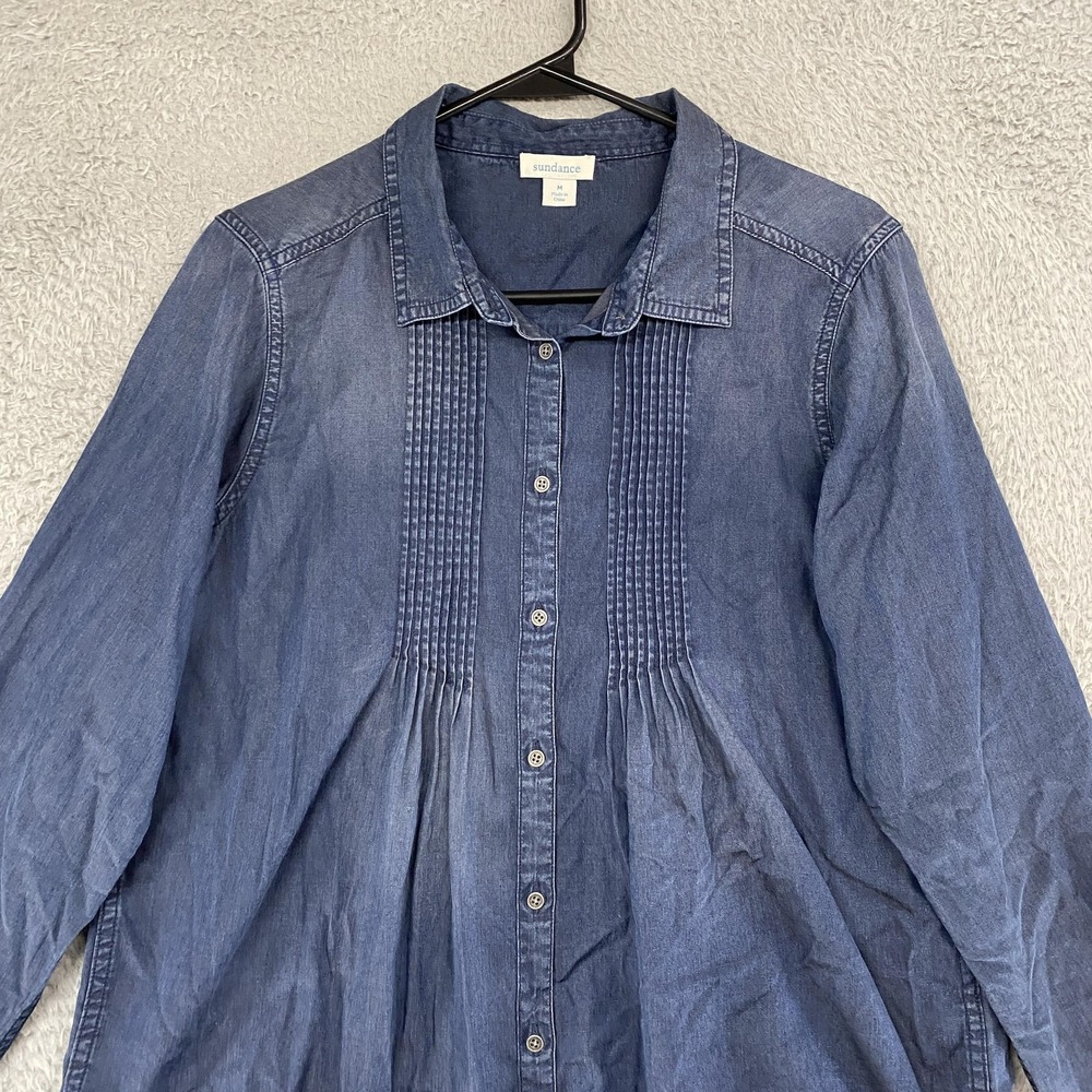 Sundance Chambray Top Womens Medium Blue Button Up‎ Pintuck Shirt Western - Picture 3 of 12